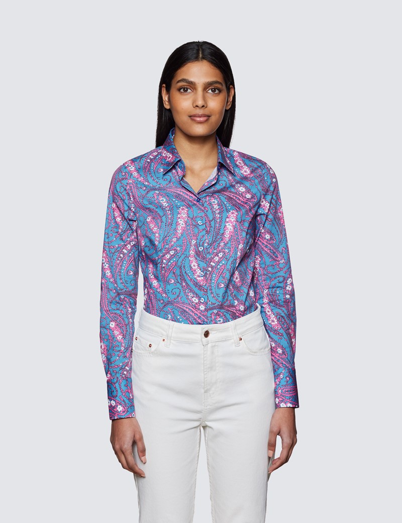 Oogverblindend Kelder In Women's Blue & Pink Floral Paisley Print Fitted Cotton Stretch Shirt |  Hawes & Curtis