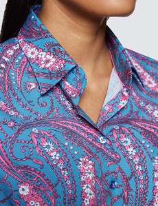 Women's Blue & Pink Floral Paisley Print Fitted Cotton Stretch Shirt