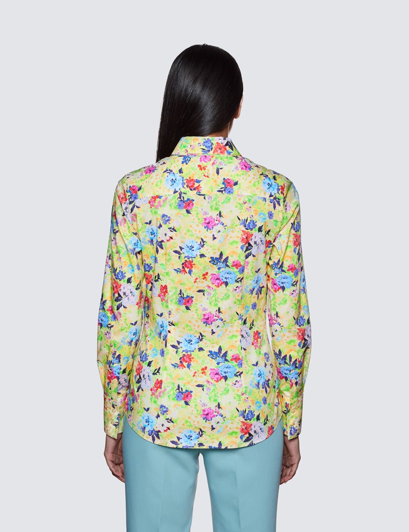Women's Yellow & Blue Floral Print Fitted Cotton Stretch Shirt