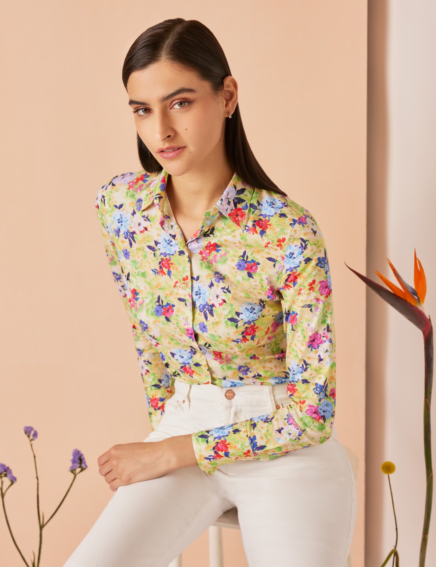 hawes & curtis women's yellow & blue floral print fitted cotton stretch shirt