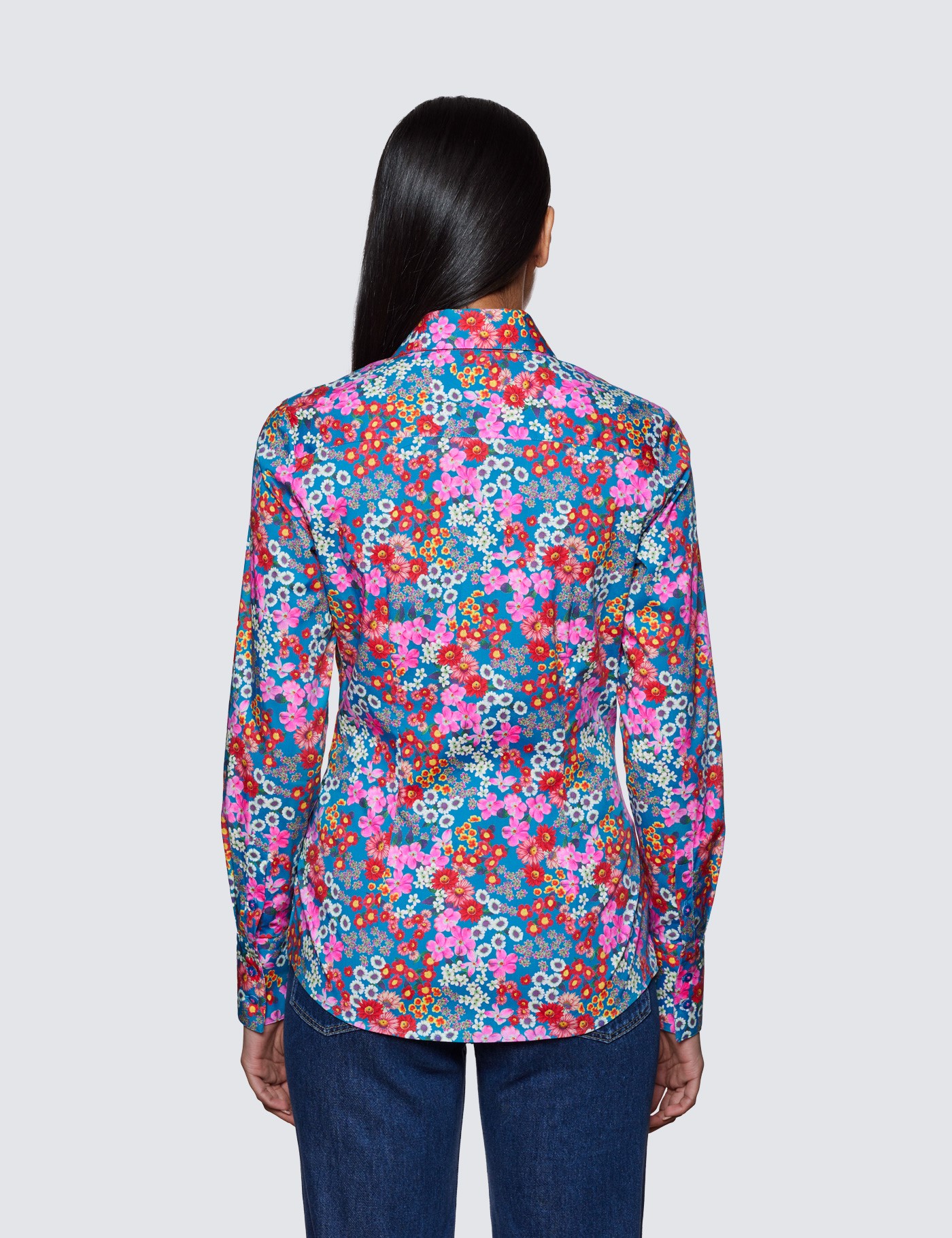 Women's Blue & Red Floral Print Fitted Cotton Stretch Shirt | Hawes ...