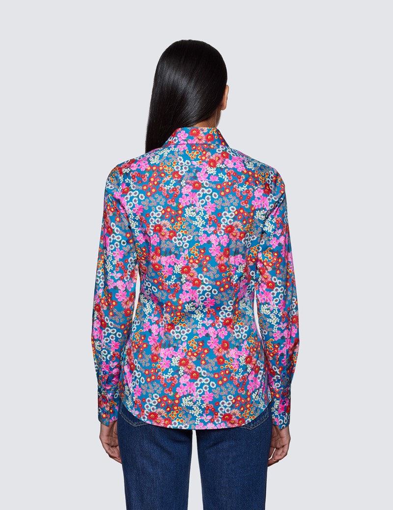 Women's Blue & Red Floral Print Fitted Cotton Stretch Shirt