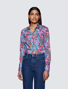 Women's Blue & Red Floral Print Fitted Cotton Stretch Shirt