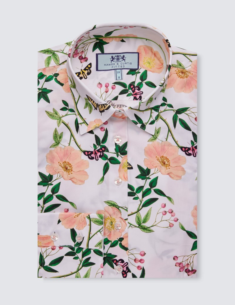 Women's White & Pink Floral Print Fitted Cotton Stretch Shirt