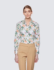 Women's White & Pink Floral Print Fitted Cotton Stretch Shirt