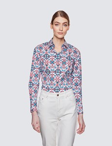 Women's White & Red Tile Print Fitted Cotton Stretch Shirt
