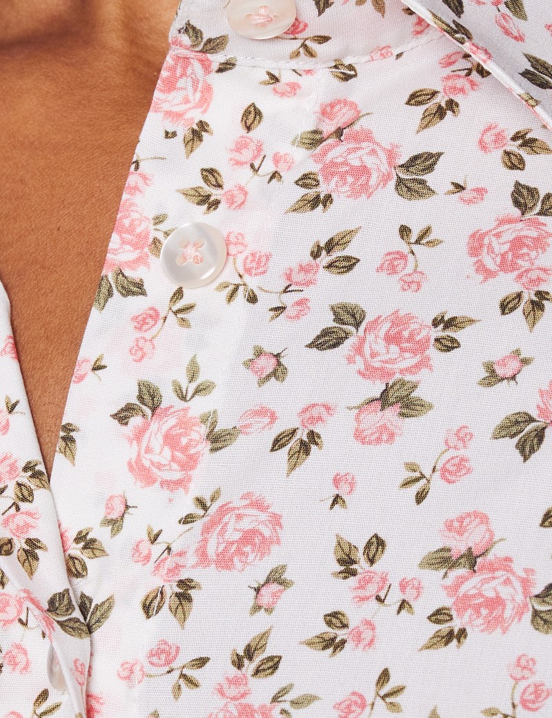 Bluse – Slim Fit – Baumwollstretch – creme rosa Blumen