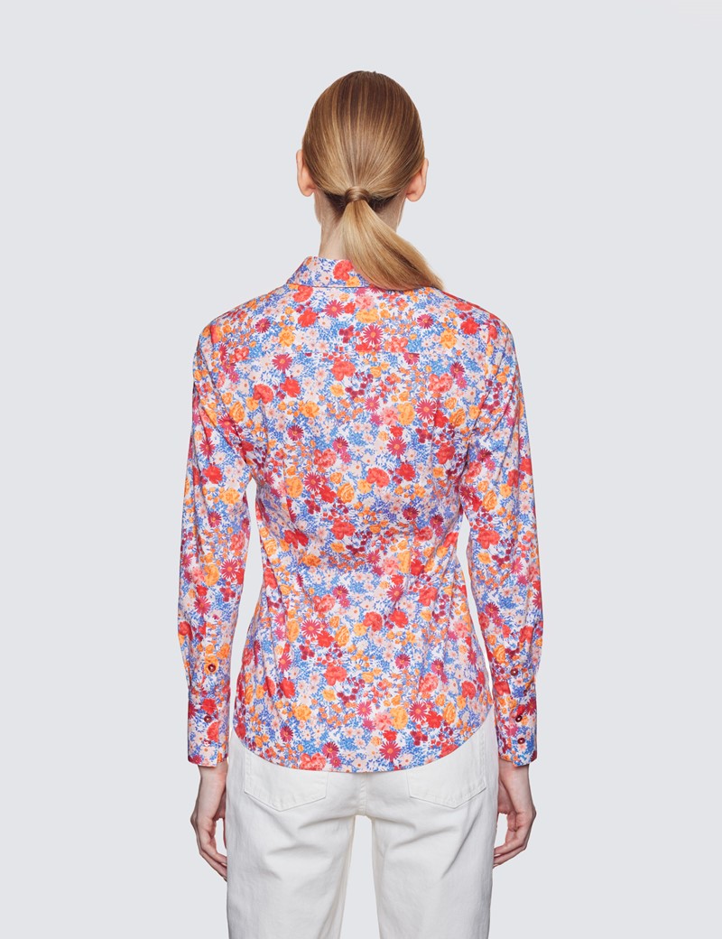 Women's Blue & Orange Floral Print Fitted Cotton Stretch Shirt