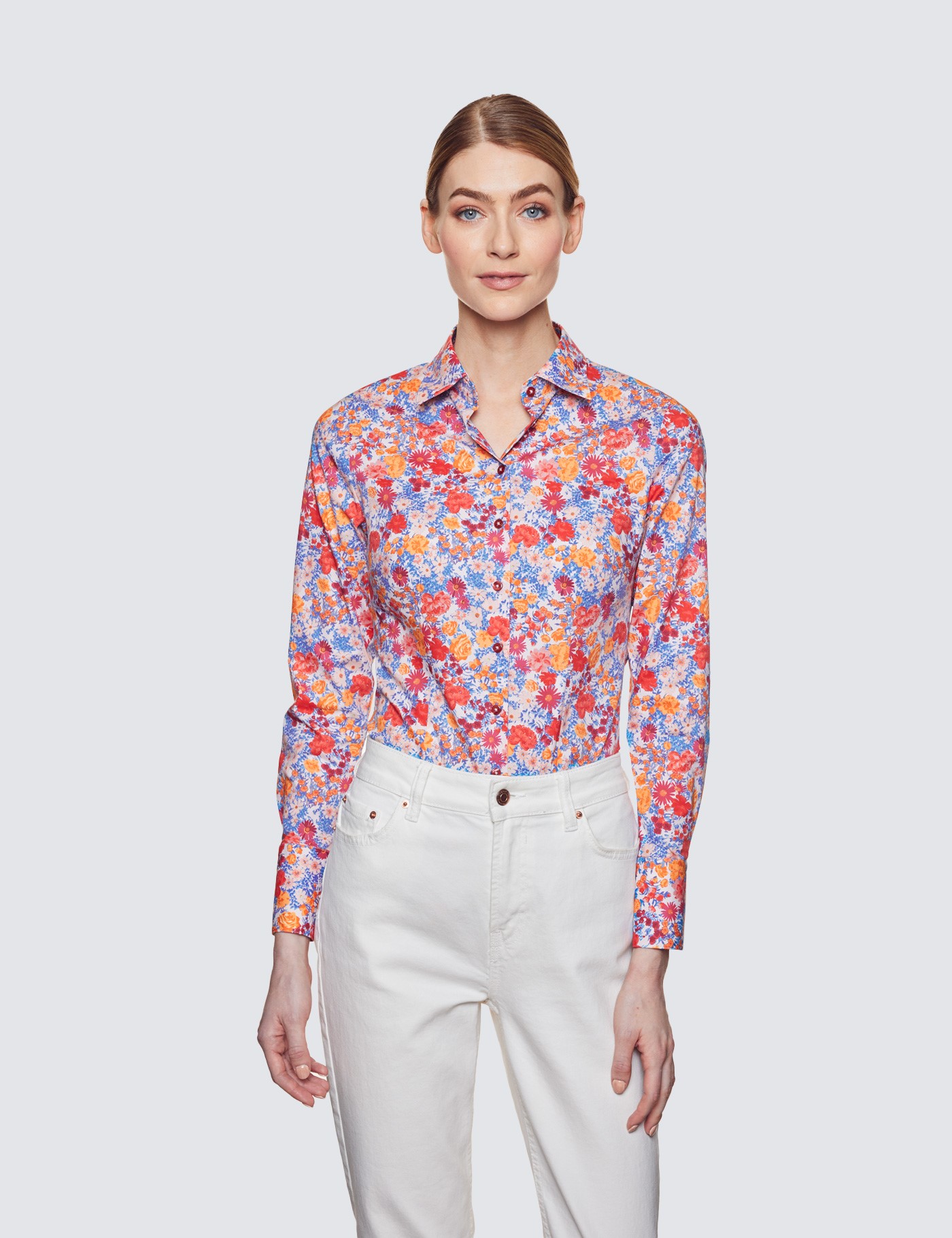 Women's Blue & Orange Floral Print Fitted Cotton Stretch Shirt | Hawes ...