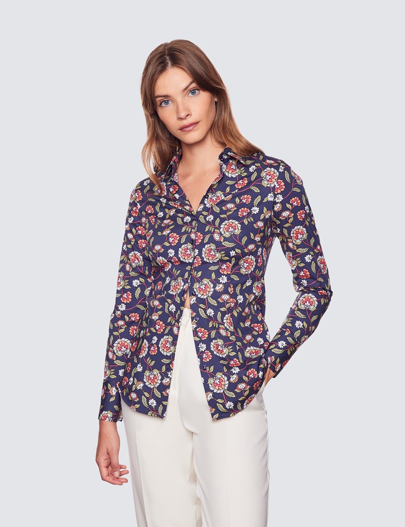 Hawes & Curtis Women's Navy & Pink Floral Print Fitted Cotton Stretch Shirt