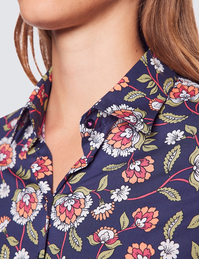 Women's Navy & Pink Floral Print Fitted Cotton Stretch Shirt