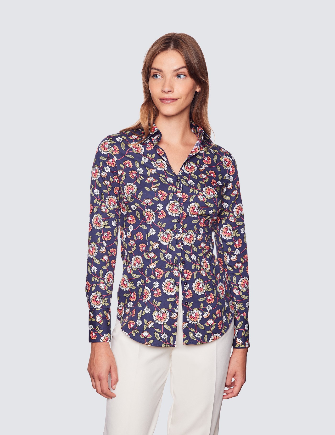 Women's Navy & Pink Floral Fitted Cotton Stretch Shirt