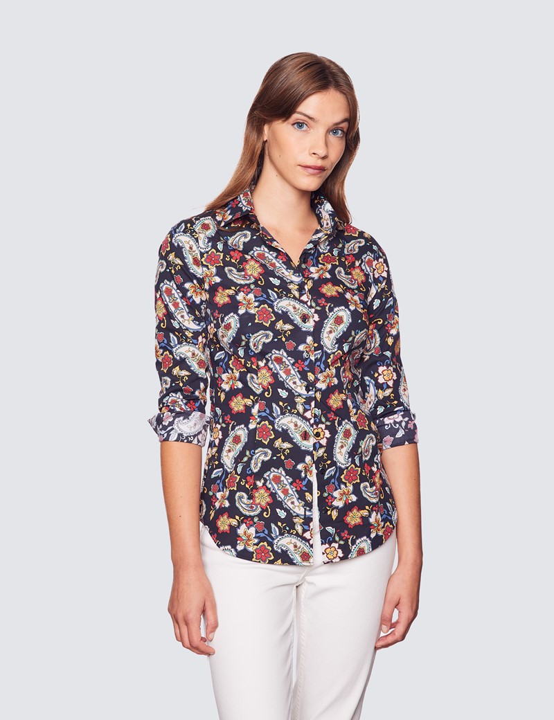 Women's Black & Red Paisley Fitted Cotton Stretch Shirt | Hawes & Curtis