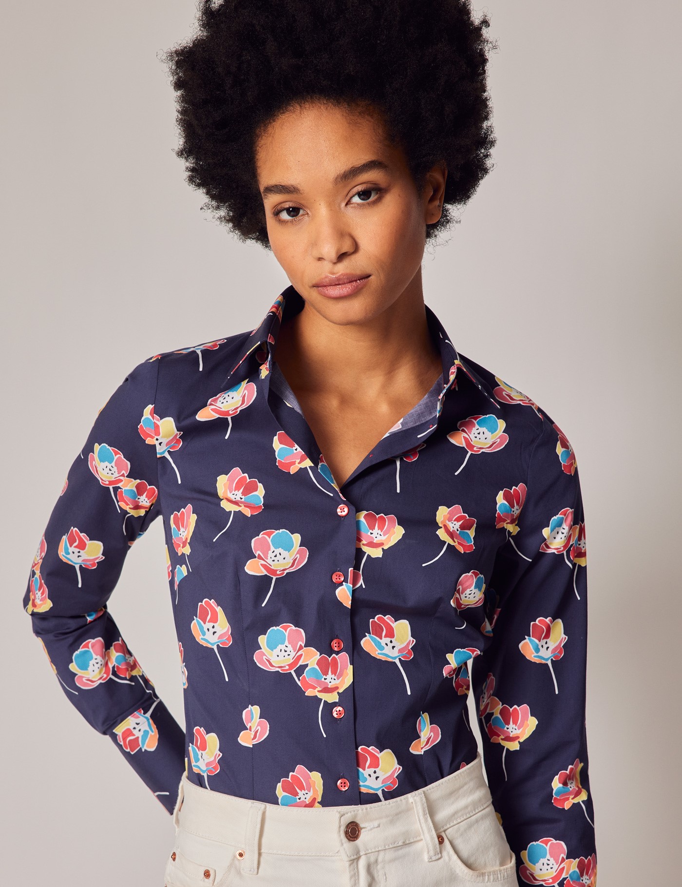 Women's Navy & Pink Floral Print Fitted Cotton Stretch Shirt