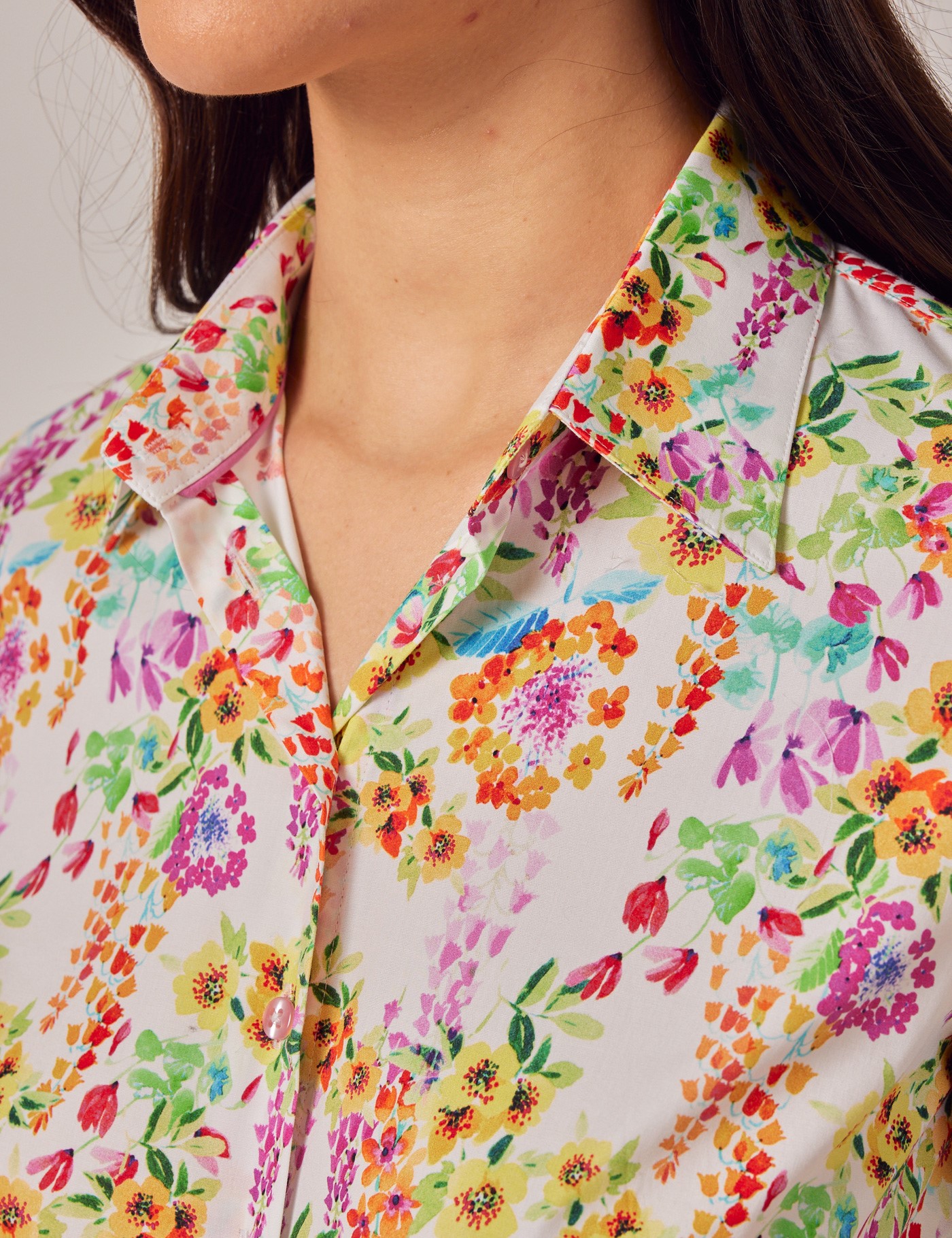 Women's White & Yellow Floral Print Fitted Cotton Stretch Shirt