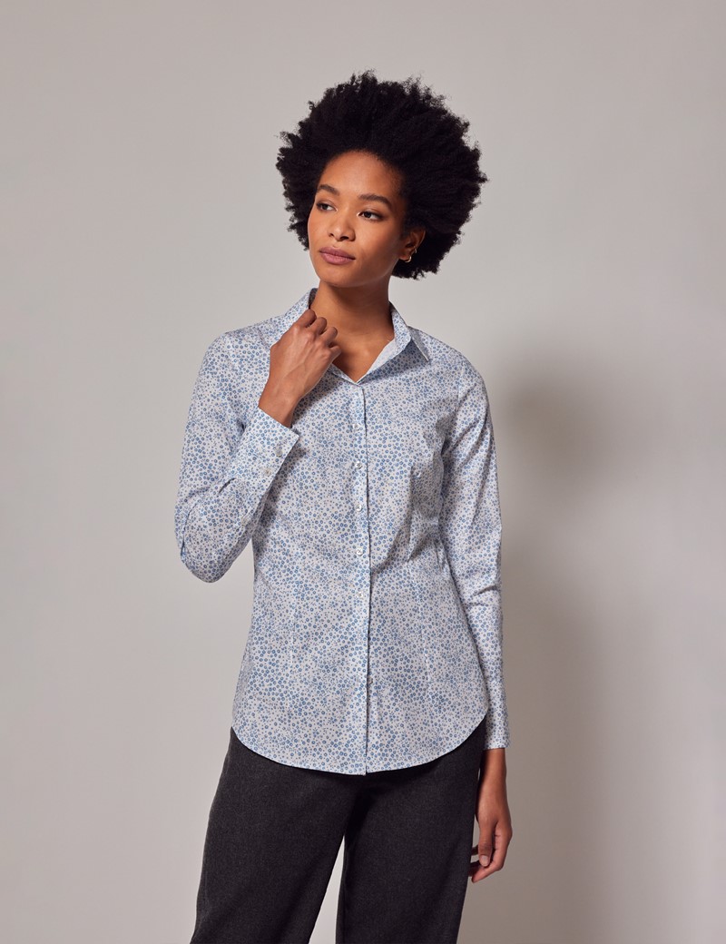 Women's Blue & White Floral Ditsy Fitted Cotton Stretch Shirt