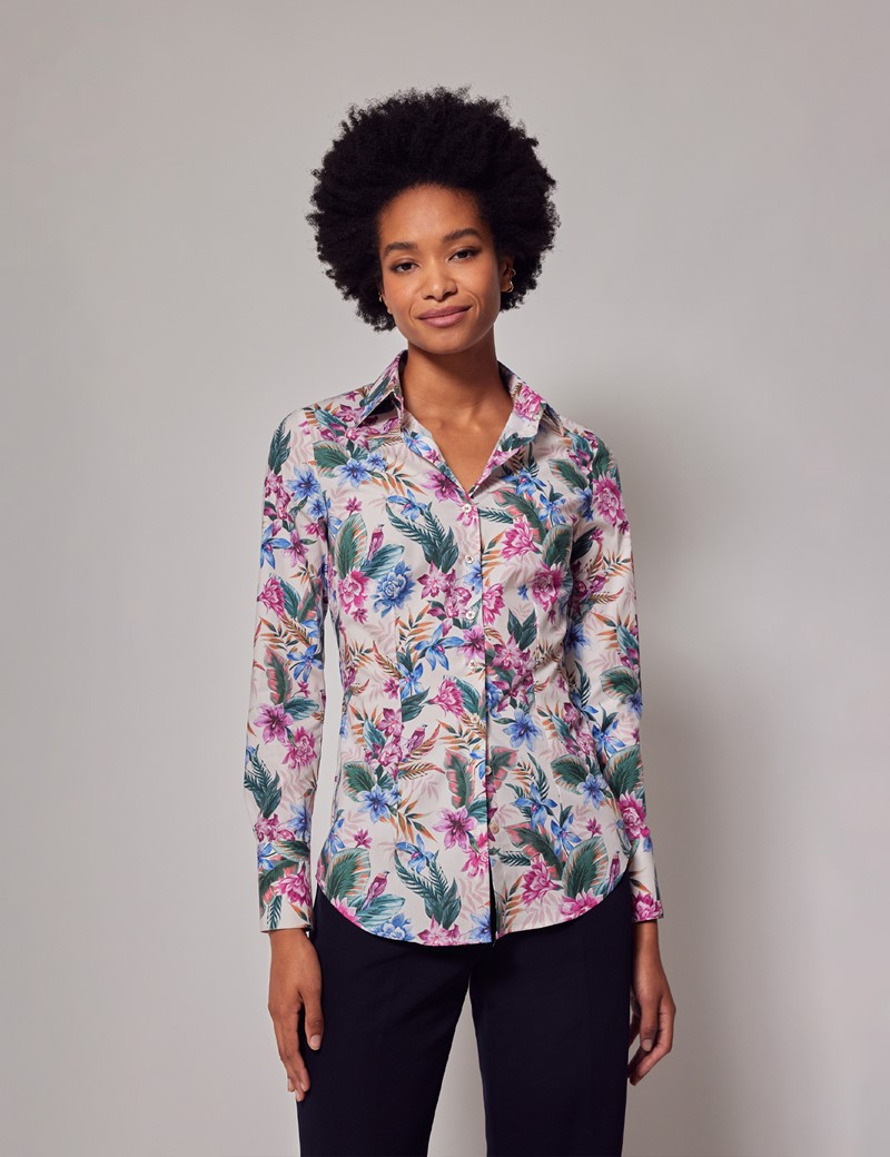 Women's Cream & Pink Tropical Floral Bird Fitted Cotton Stretch Shirt