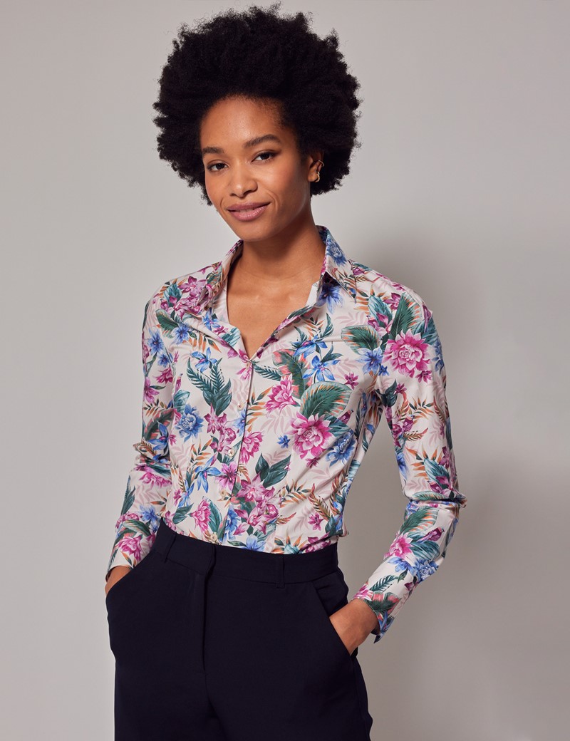 Women's Cream & Pink Tropical Floral Bird Fitted Cotton Stretch Shirt