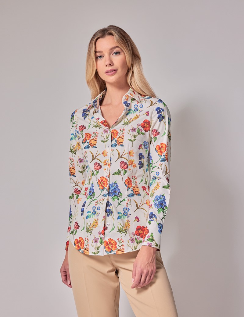 Women's Orange & Red Floral Semifitted Cotton Shirt