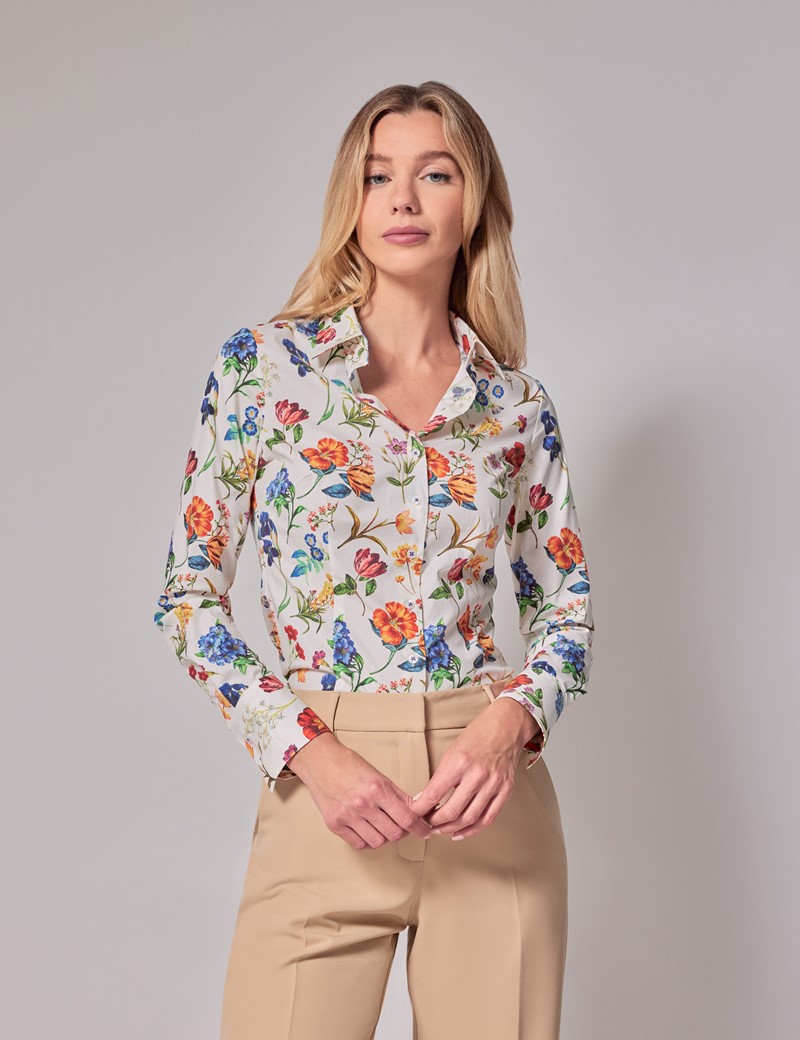 Women's Cream & Orange Floral Fitted Cotton Stretch Shirt | Hawes & Curtis