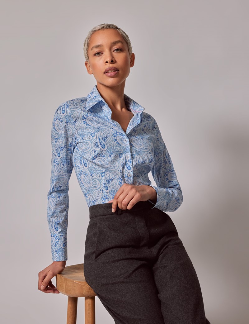 Women's Blue Paisley Fitted Cotton Stretch Shirt