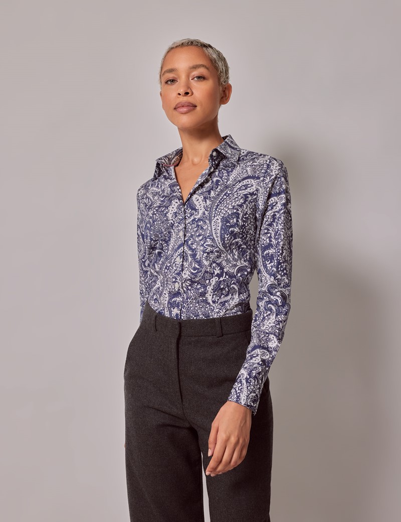 Women's Navy & White Paisley Fitted Cotton Stretch Shirt | Hawes & Curtis