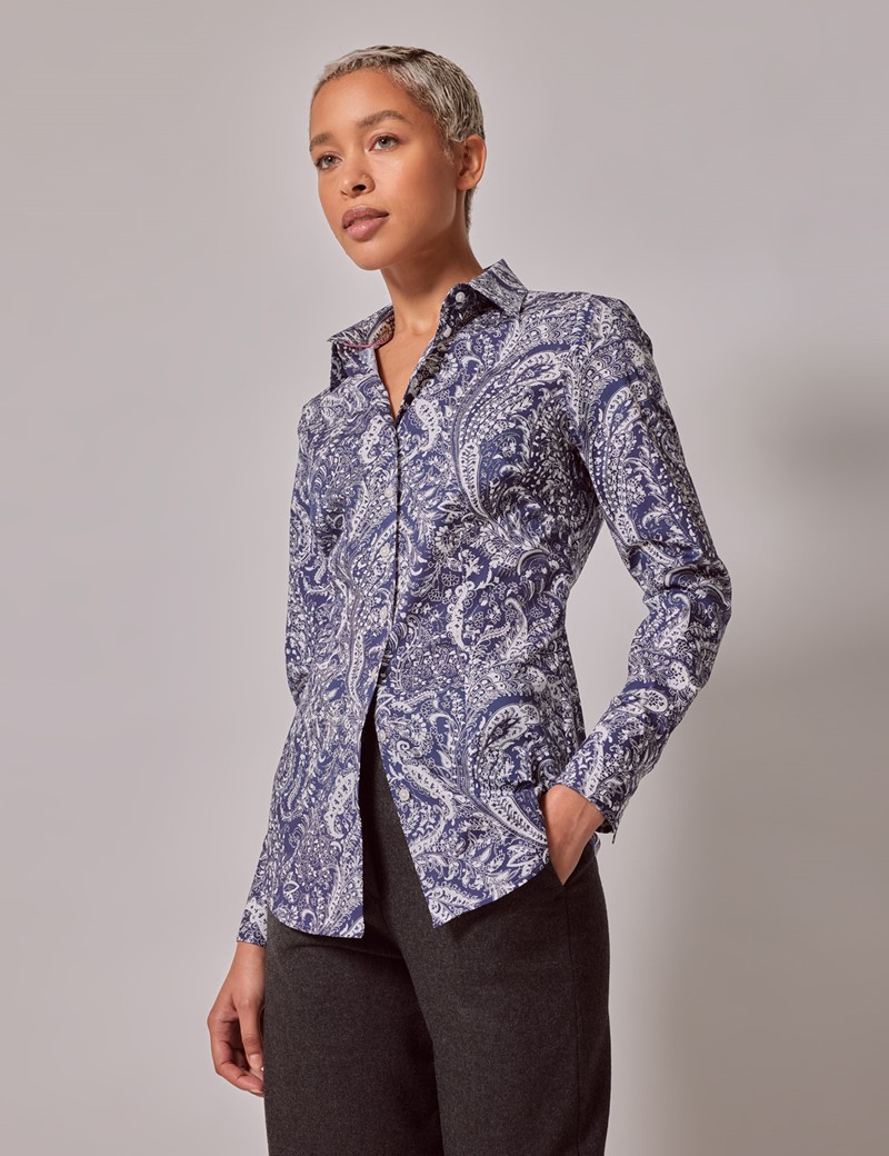 Women's Navy & White Paisley Fitted Cotton Stretch Shirt | Hawes & Curtis