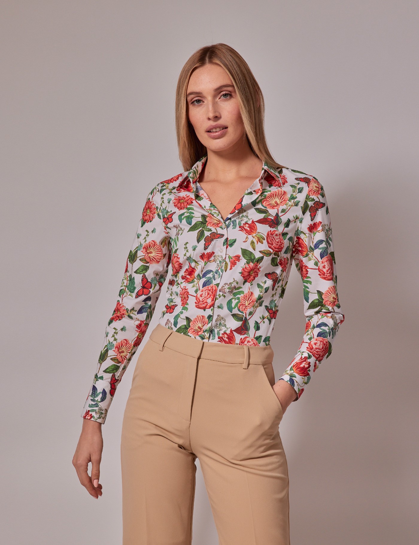White & Red Floral Butterfly Fitted Cotton Stretch Shirt