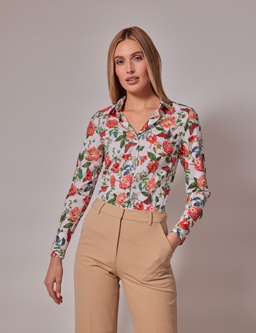 Women's Green & Pink Floral Print Semi Fitted Cotton Stretch Shirt