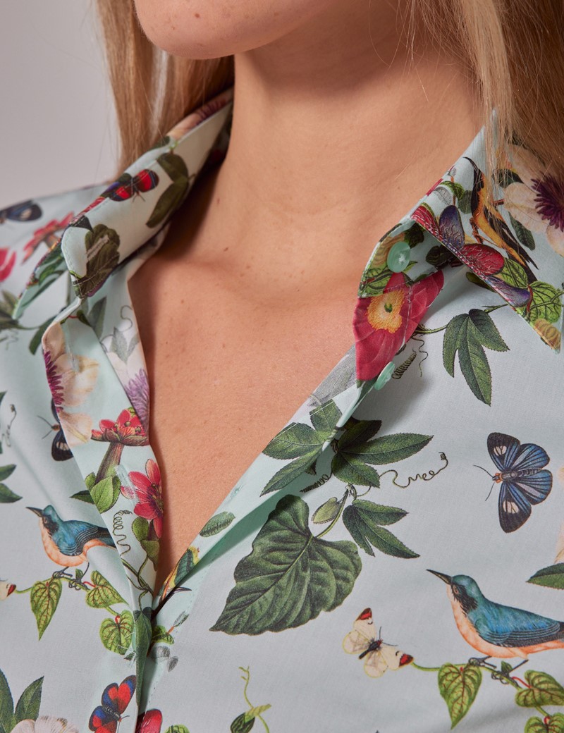 Women's Blue & Green Botanical Garden Fitted Cotton Stretch Shirt 