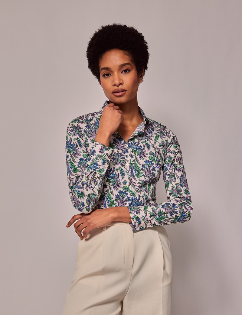 Women's Cream & Green Vintage Paisley Fitted Cotton Stretch Shirt ...