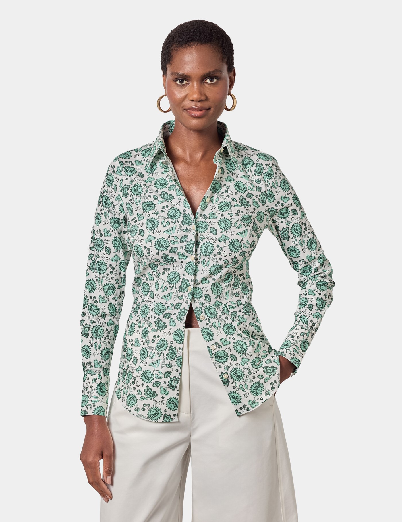 Hawes & Curtis Fitted Cream & Green Floral Shirt Size: 8 image 3
