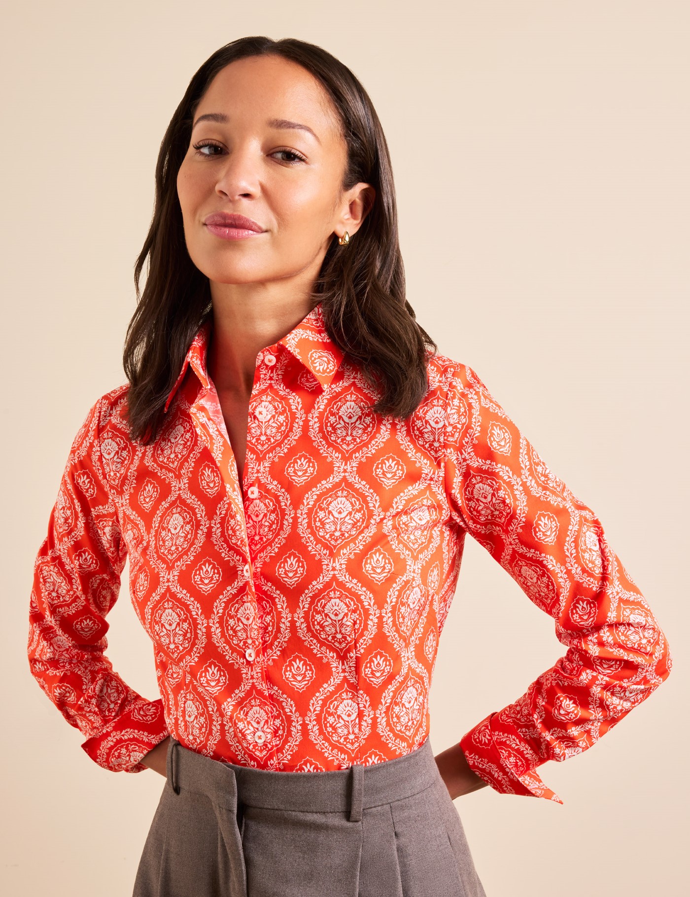 Hawes & Curtis Fitted Orange & White Geometric Shirt Size: 10 (UK 12)