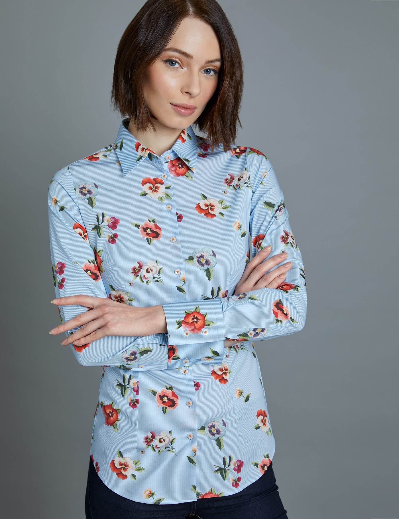 Womens Blue And White Stripe Floral Fitted Shirt Single Cuff Hawes