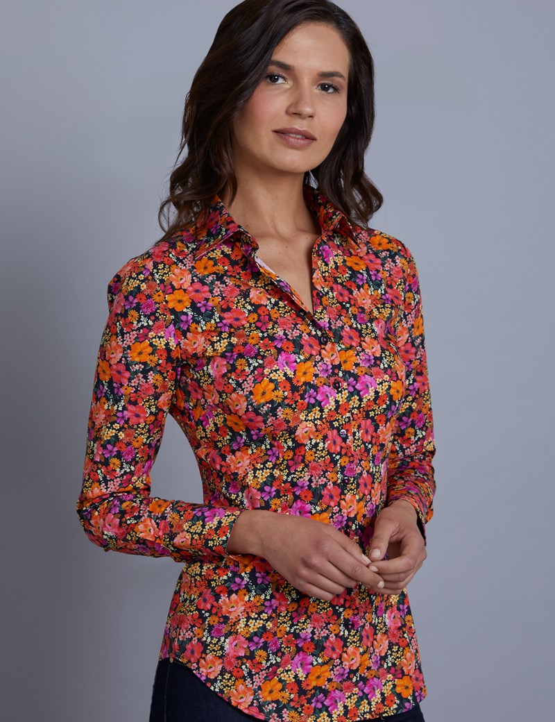 Women's Black & Orange Floral Fitted Shirt - Single Cuff | Hawes & Curtis