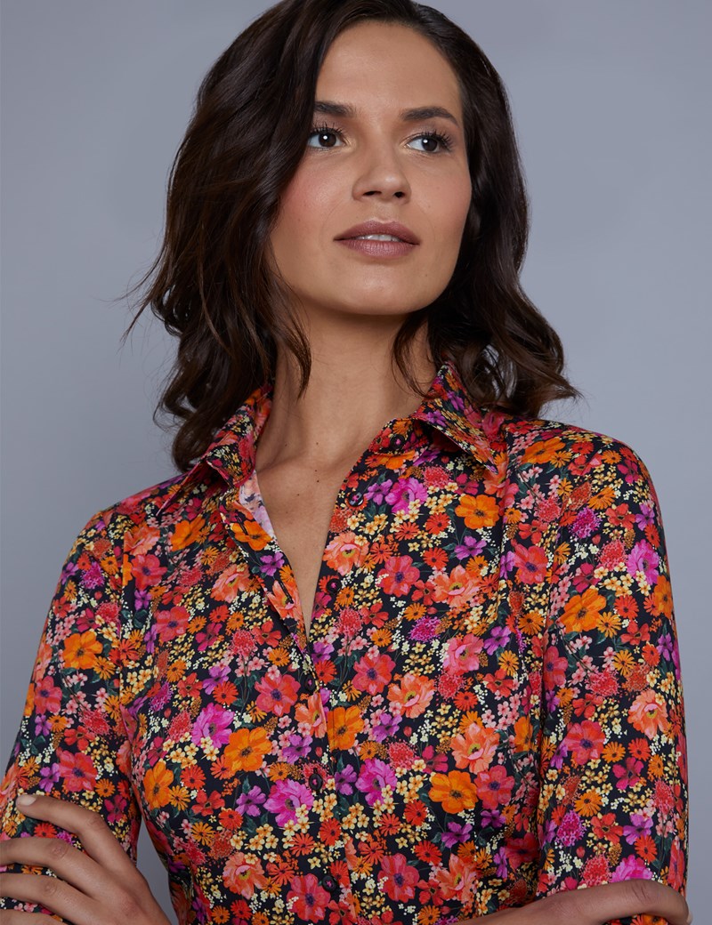 Women's Black & Orange Floral Fitted Shirt Single Cuff Hawes & Curtis