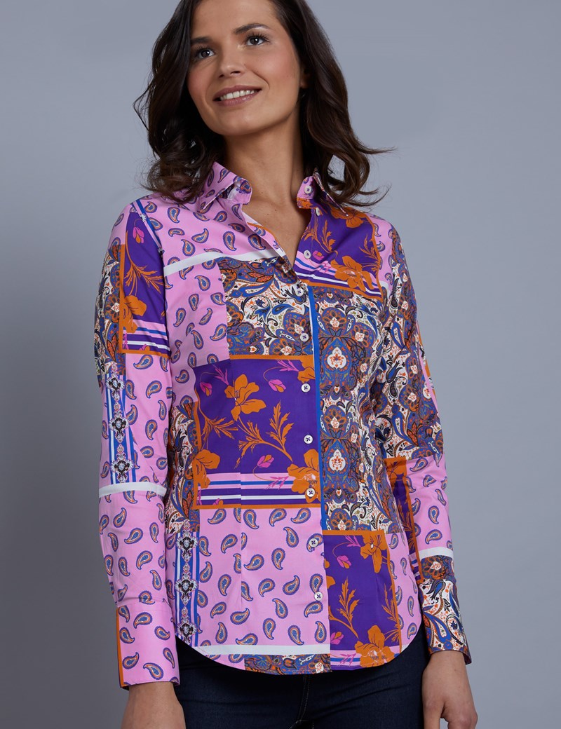 Women's Purple & Pink Patchwork Print Fitted Shirt - Single Cuff ...