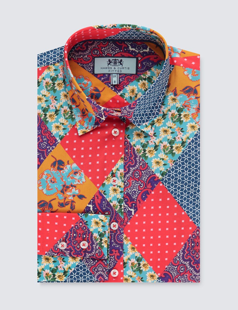 Women's Red Paisley Fitted Shirt Single Cuff Hawes & Curtis