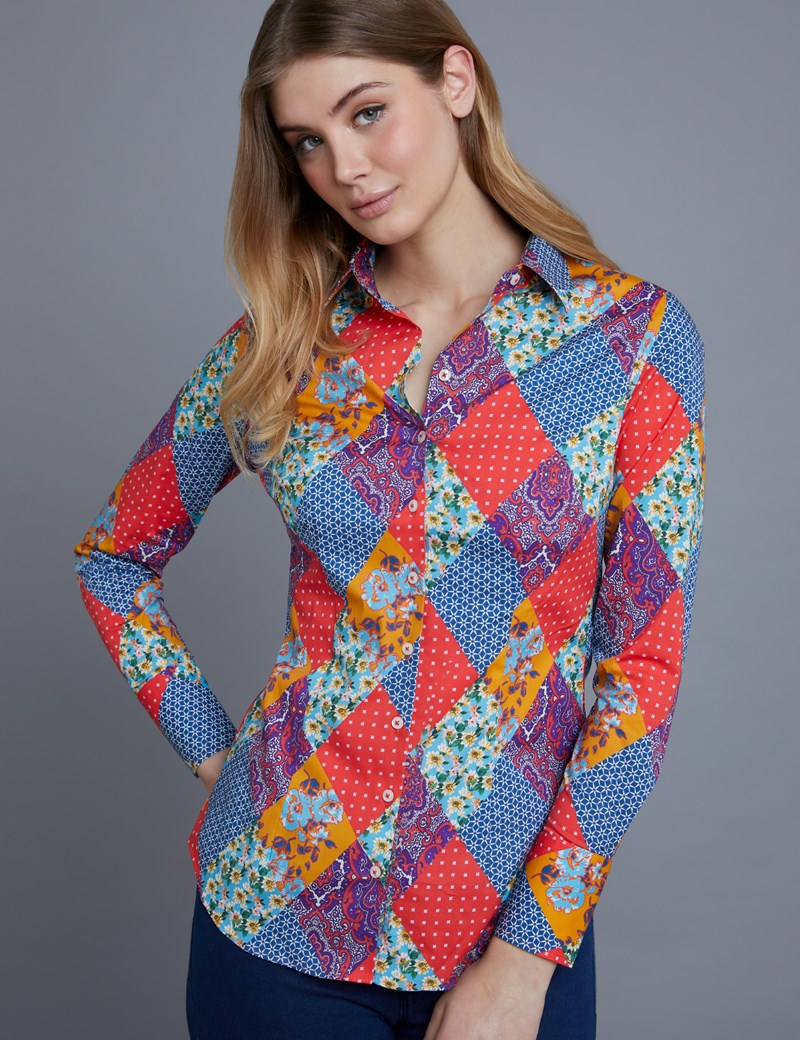 Women's Red Paisley Fitted Shirt - Single Cuff | Hawes & Curtis