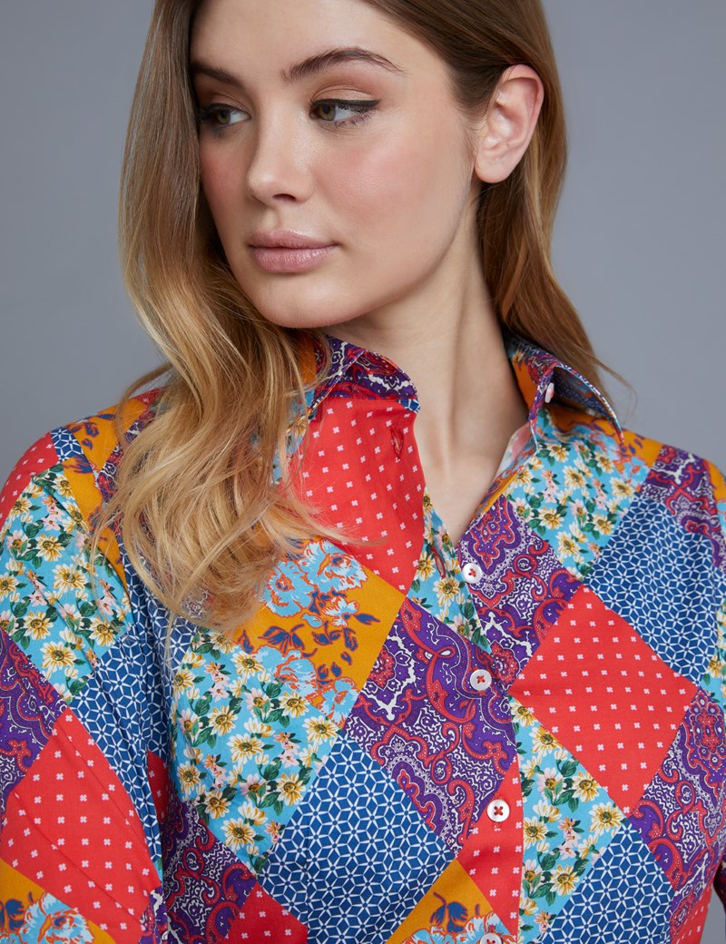 Women's Red Paisley Fitted Shirt Single Cuff Hawes & Curtis