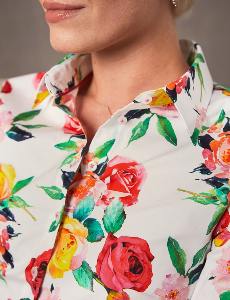 Women's Yellow & Red Floral Fitted Shirt - Single Cuff | Hawes & Curtis