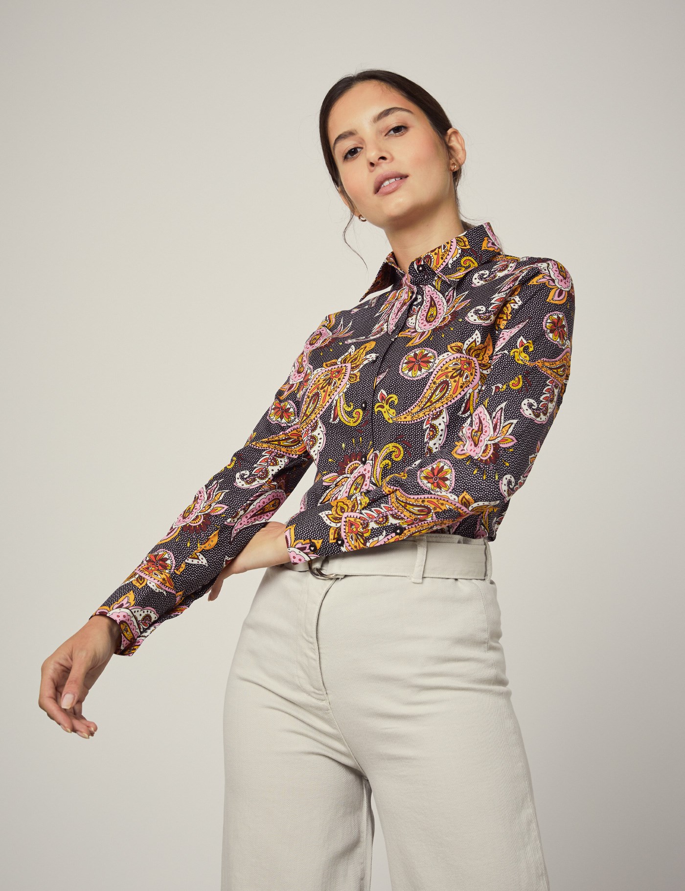 Women's Black & Gold Paisley Spot Fitted Shirt - Single Cuff | Hawes ...
