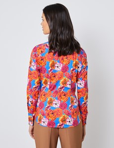 Women's Blue & Red Floral Fitted Shirt - Single Cuff