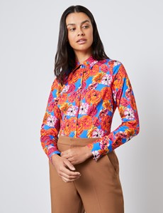 Women's Blue & Red Floral Fitted Shirt - Single Cuff