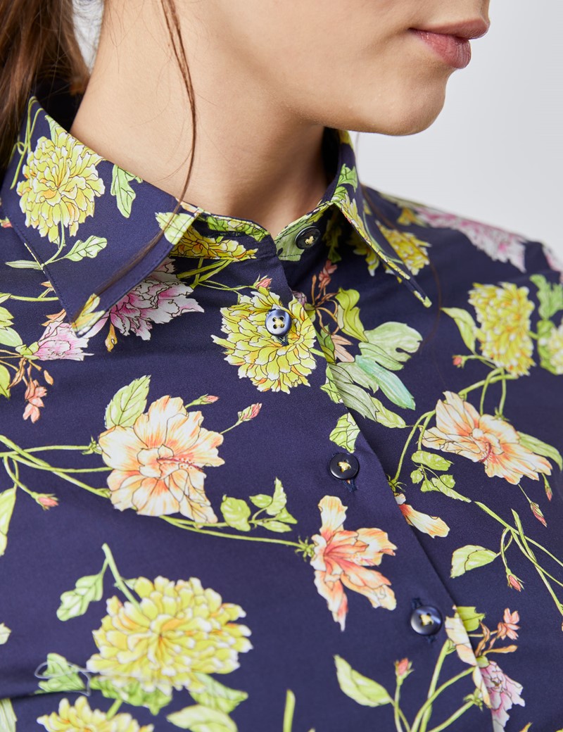 Women's Navy & Green Floral Fitted Shirt - Single Cuff | Hawes & Curtis