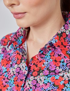 Women's Red & Blue Colour Field Flowers Fitted Shirt - Single Cuff 
