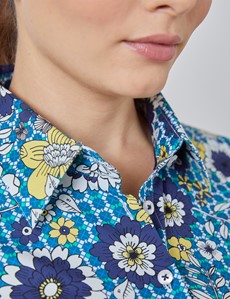 Women's Blue & Yellow Floral Print Fitted Shirt - Single Cuff 