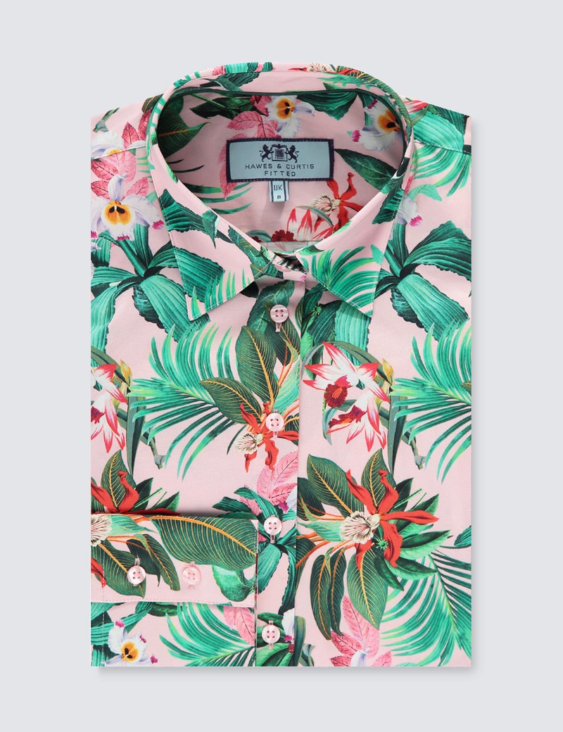 Women's Pink & Green Floral Fitted Shirt Single Cuff Hawes & Curtis