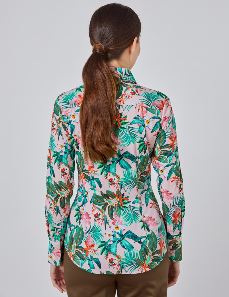 Women's Pink & Green Floral Fitted Shirt Single Cuff Hawes & Curtis