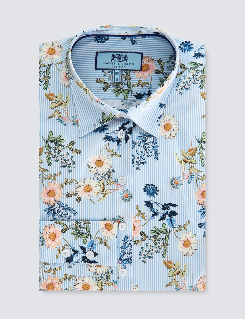 Women's White & Blue Daisy Bunches Fitted Shirt | Hawes & Curtis
